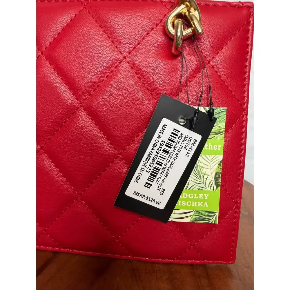 Badgley Mischka Red Quilted Studded Top Handle Satchel Crossbody NWT $129